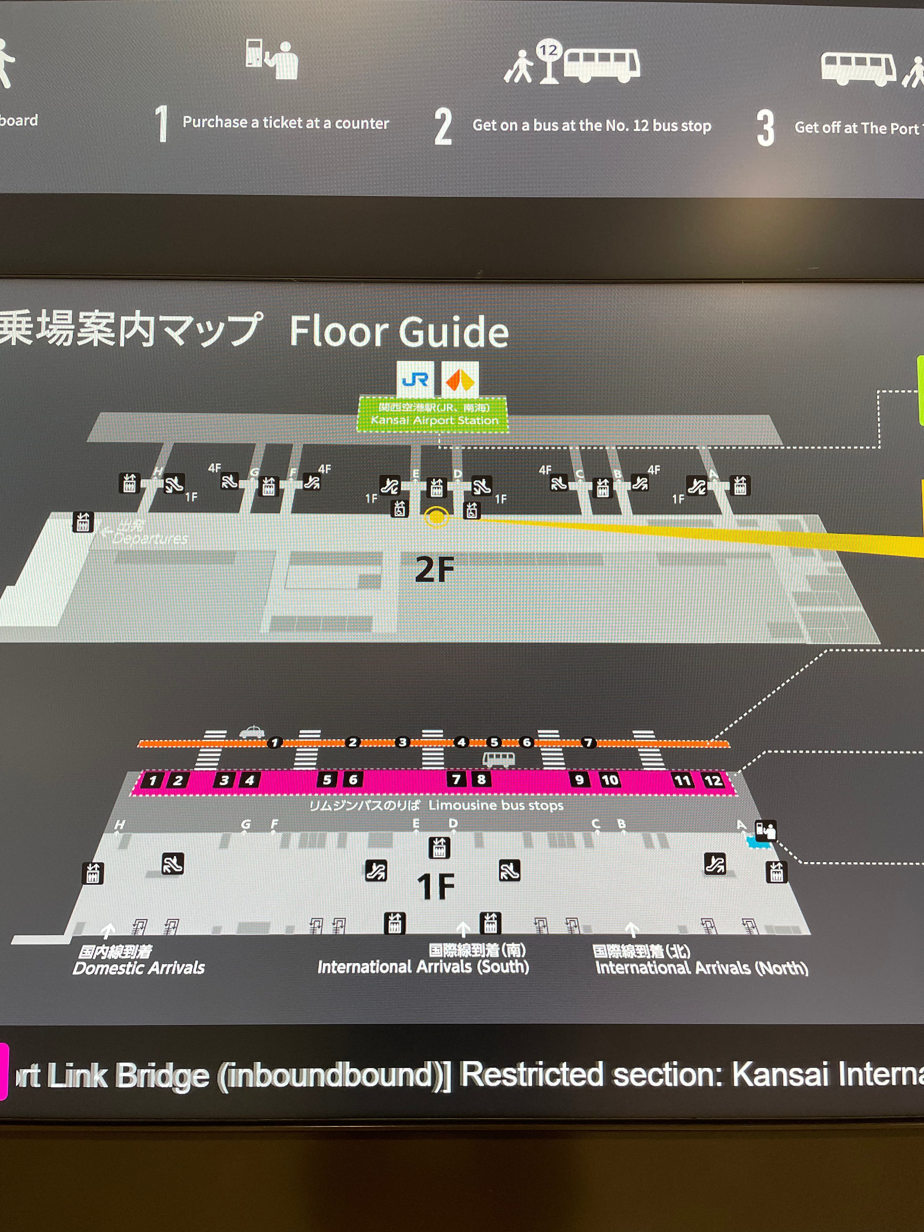 關西機場第一航廈一樓巴士與二樓關西機場站連通位置圖