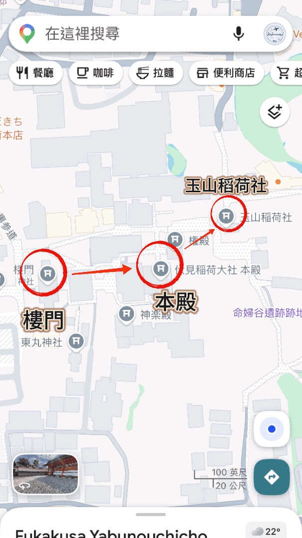 伏見稻荷大社從樓門經本殿前往玉山稻荷社的路線圖