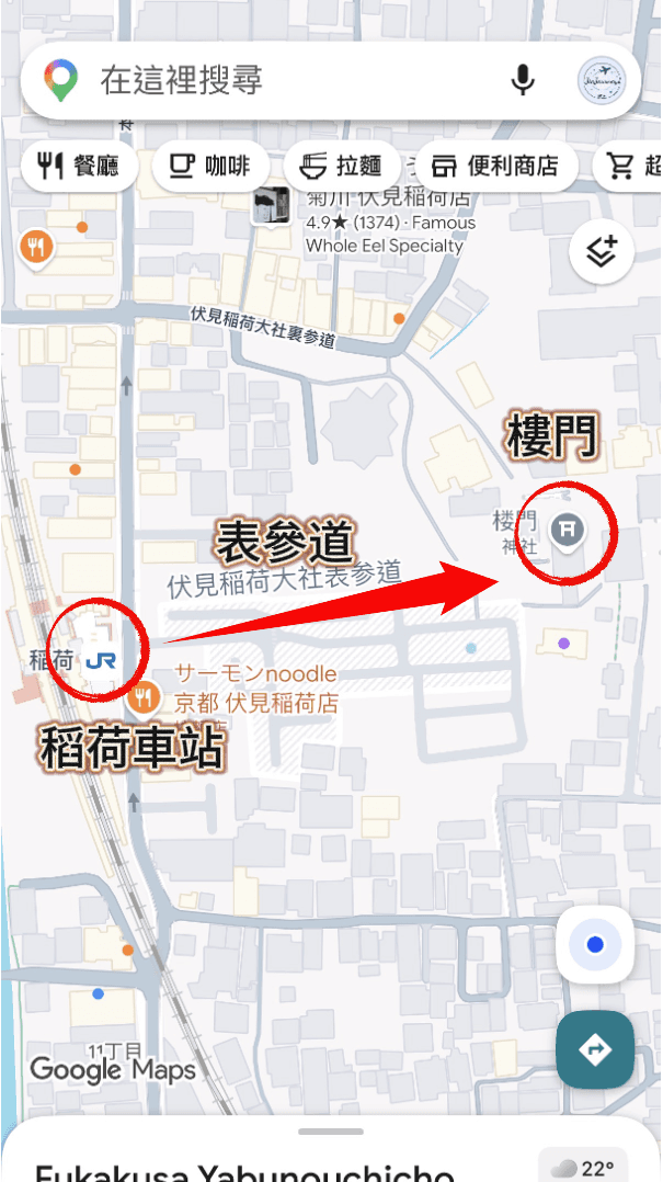 JR稻荷站沿表參道前往伏見稻荷大社樓門的步行路線圖