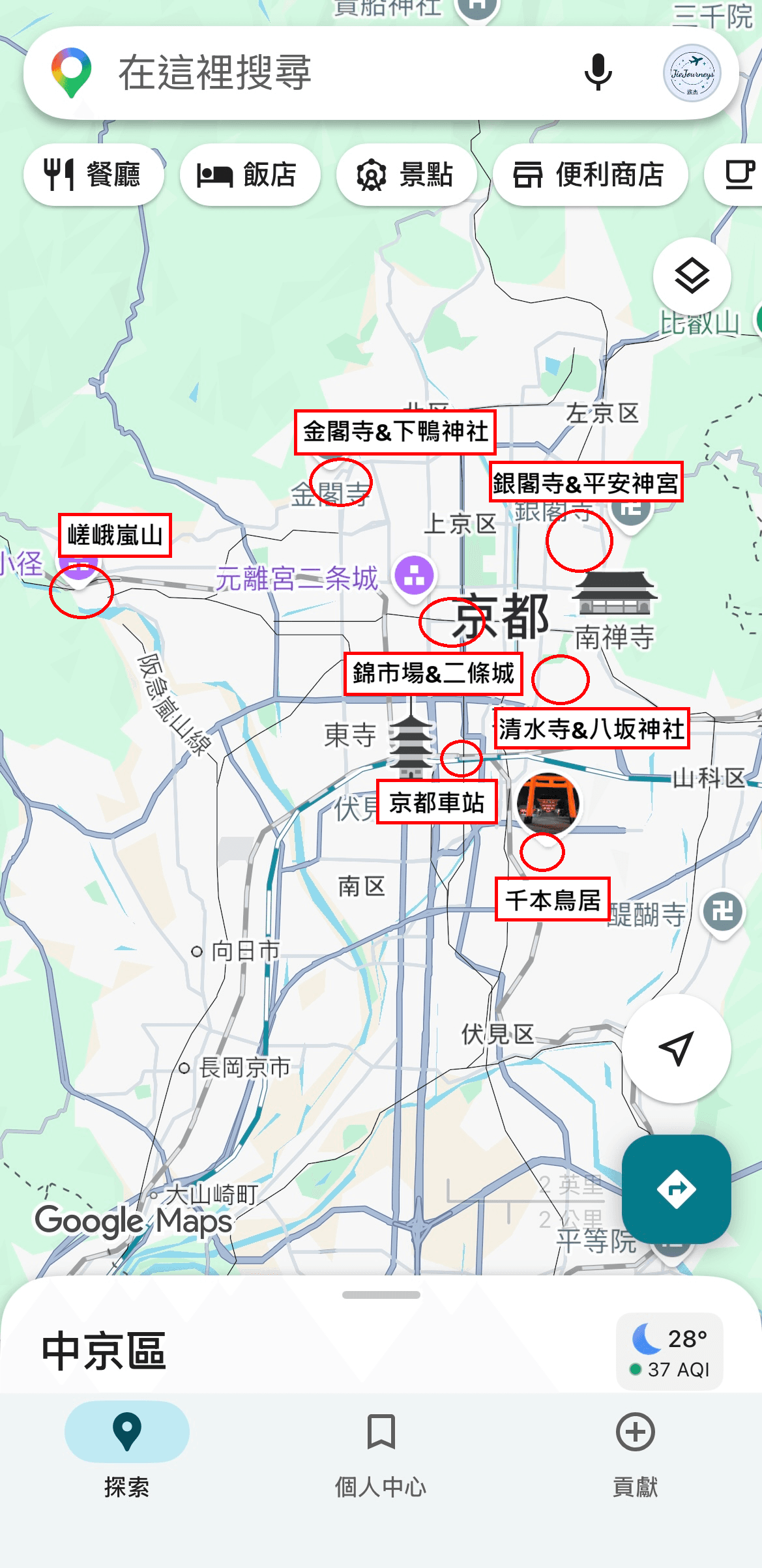 京都自由行六大區域地圖，標示京都車站、伏見稻荷、清水寺與八坂神社、錦市場與二條城、銀閣寺與平安神宮、金閣寺與下鴨神社、嵯峨嵐山的位置