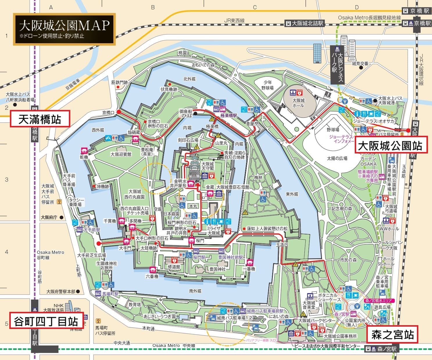 大阪城公園本丸與大手門、櫻門位置圖