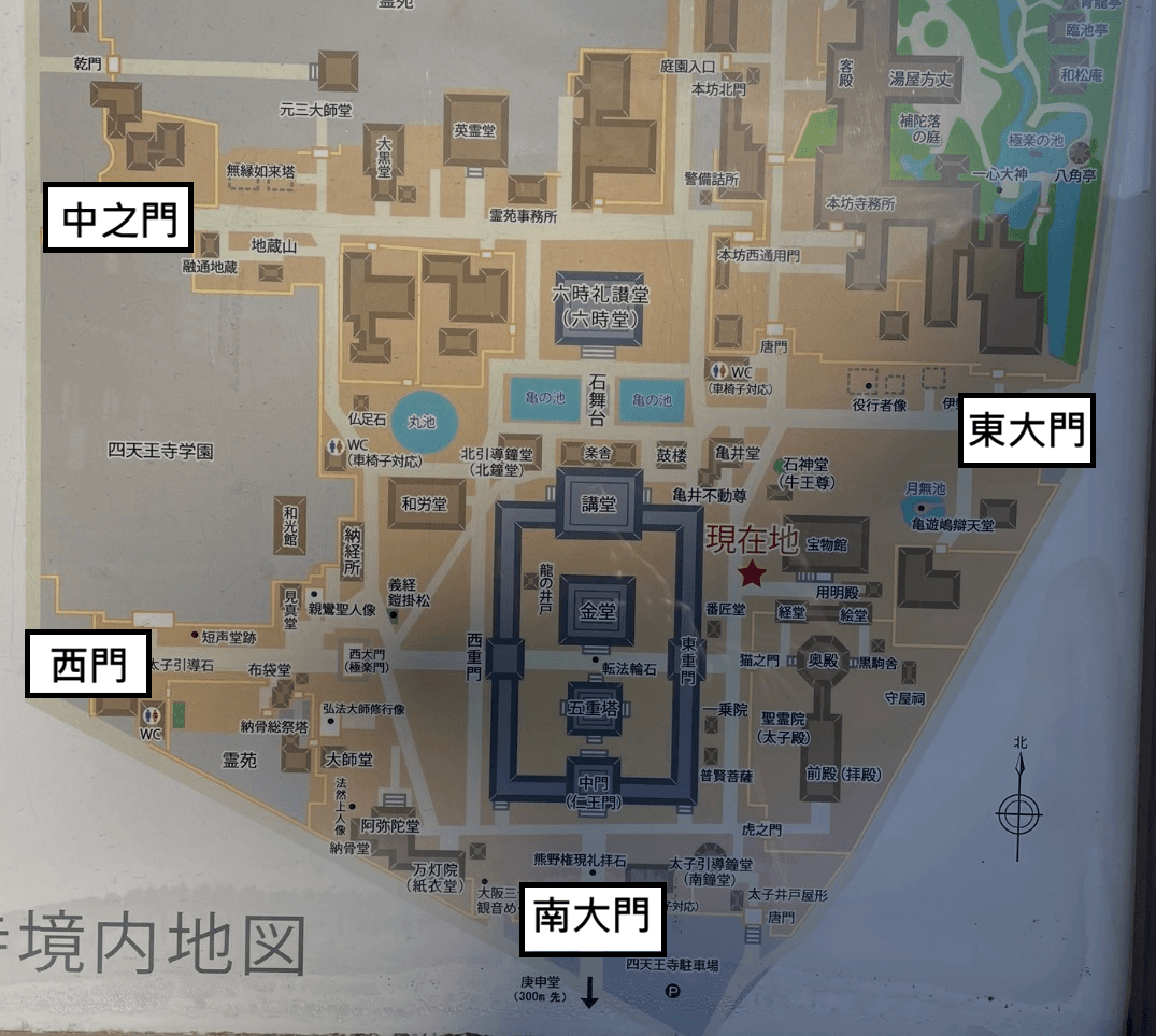 四天王寺境內圖,標示中之門、東大門、西門與南大門位置